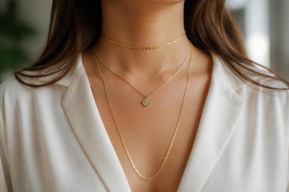 Woman wearing three necklaces to layer fine jewelry at different lengths