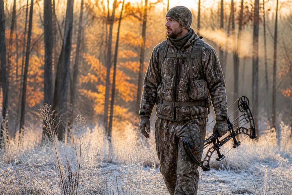 A bowhunter in full cold-weather layered gear standing at the edge of a frost-covered hardwood forest at dawn, bow in hand, breath visible in the cold air, orange and gold leaves in the background
