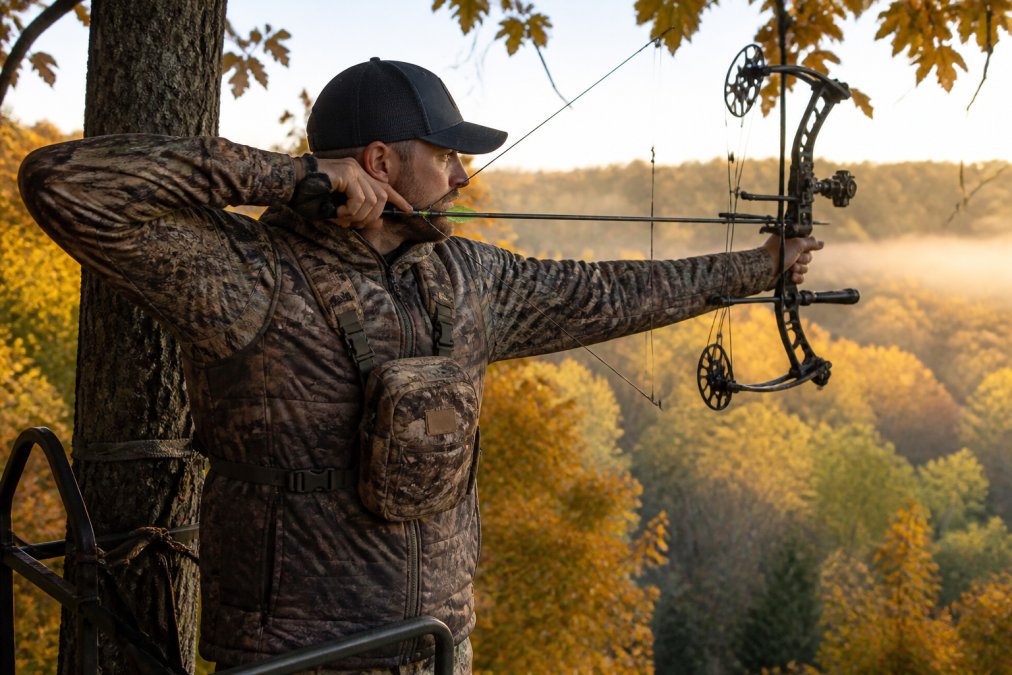 Close-up of a bowhunter at full draw in a treestand, layered hunting apparel visible across the back and shoulders with arms fully extended, autumn foliage surrounding the stand in soft morning light