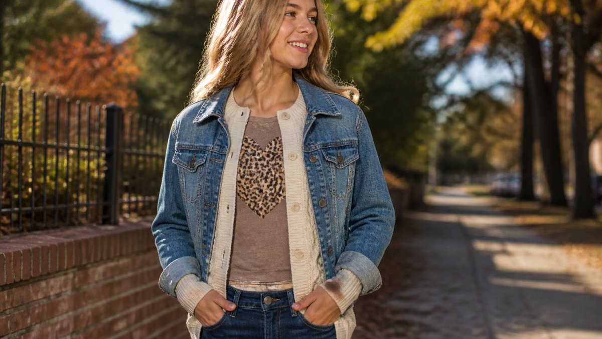 Girl wearing a fitted long-sleeve leopard heart shirt as base layer, cream cardigan as mid-layer, and denim jacket as outer layer, standing in natural fall sunlight showing how each layer is visible and contributes to the overall silhouette