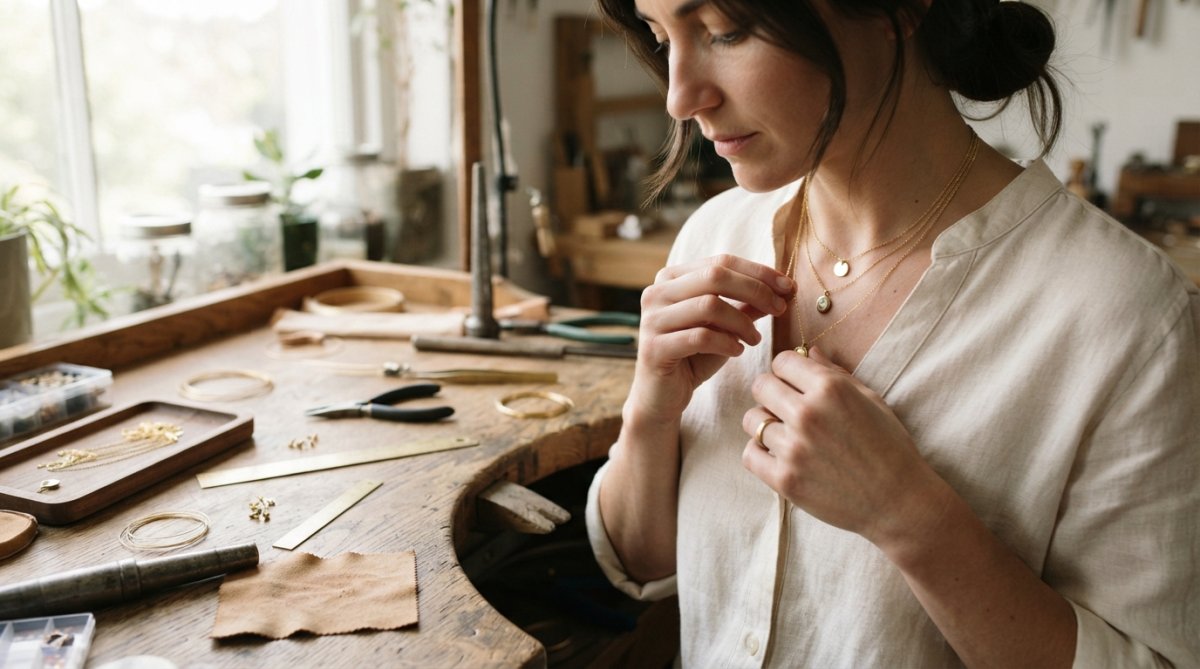 A woman standing in bright natural light near a window, wearing three layered gold necklaces of different lengths, gently touching the pendants with her fingertips, looking down at the jewelry stack, soft neutral clothing, close-up framing from collarbone to chin