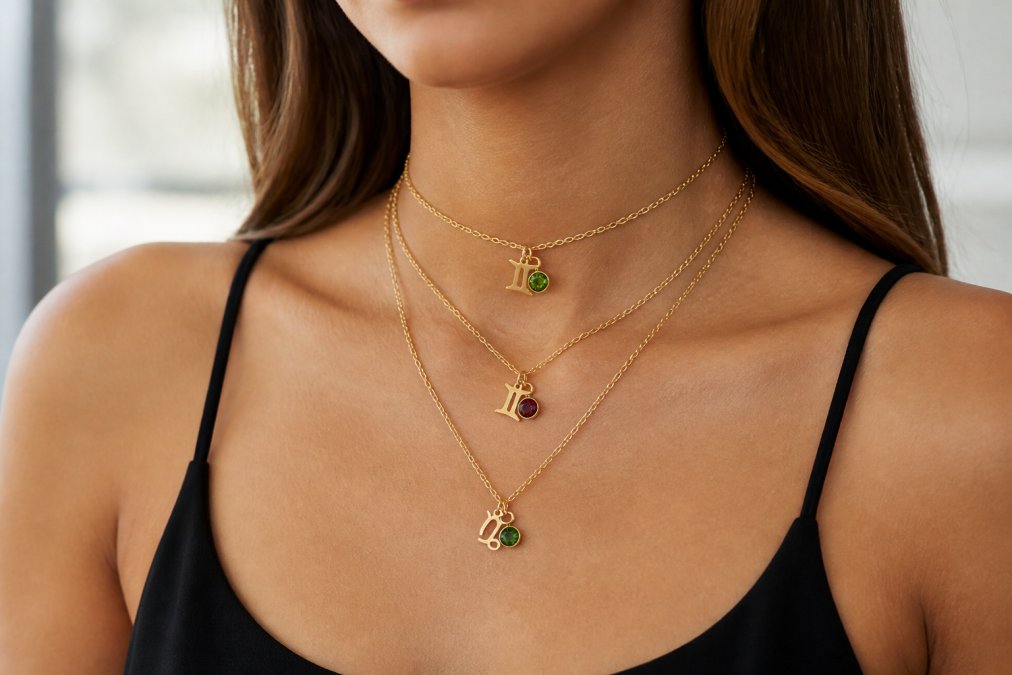Woman wearing three layered gold necklaces of varying lengths, a choker sitting snugly at the base of her neck, a princess-length necklace resting at her collarbone, and a longer matinée piece draping to her mid-chest, showing the elegant staggered effect against her skin