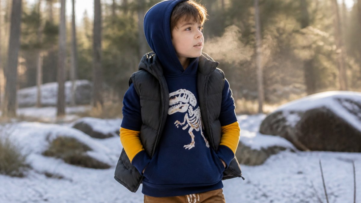 Child wearing a graphic hoodie layered under a puffer vest outdoors in cold winter weather