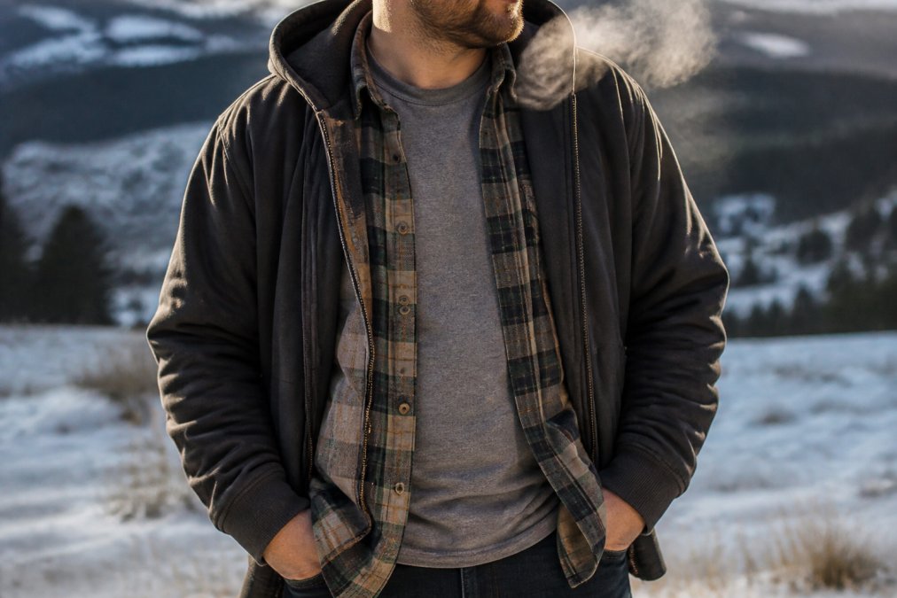 A person wearing a graphic tee under an open flannel shirt and a heavy hoodie, standing outdoors in cold weather with visible breath vapor, showing the layered look from chest to waist