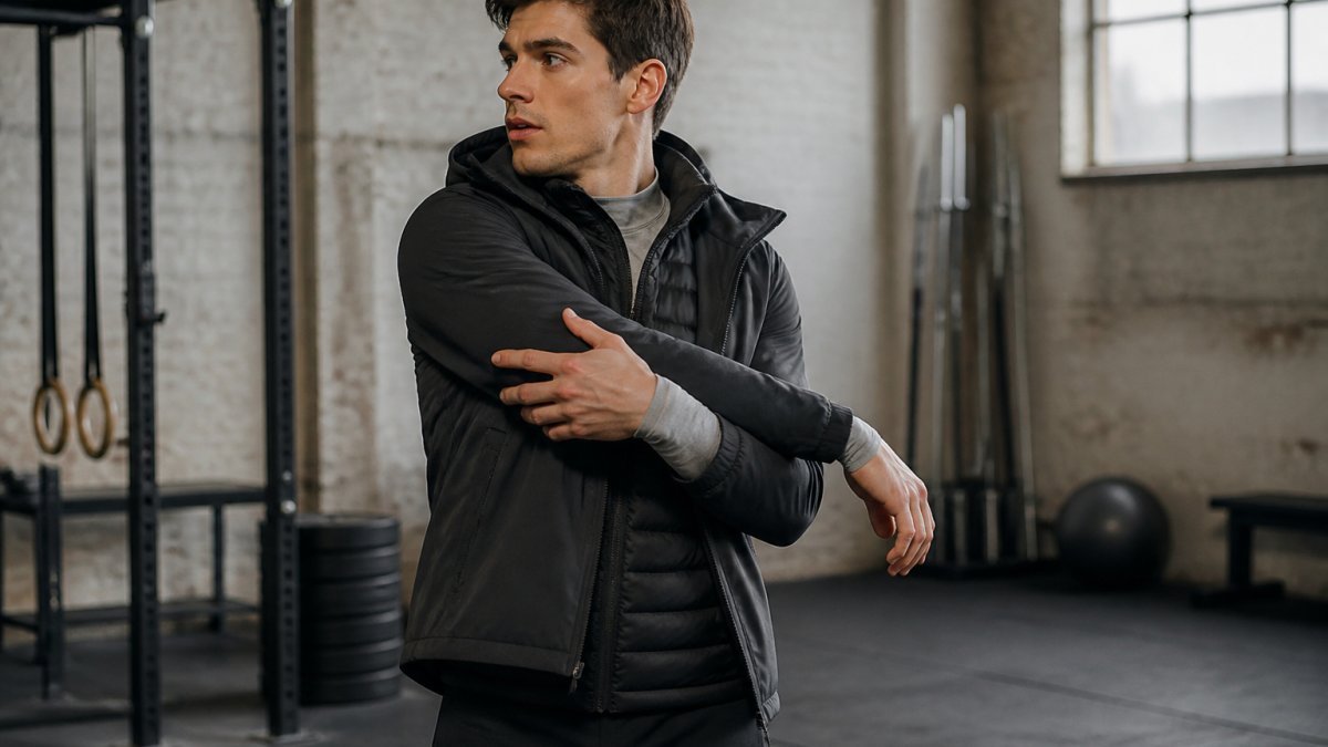 Athlete wearing complete three-layer winter gym outfit with fitted base layer visible at wrists, mid-layer insulation vest, and outer shell jacket, demonstrating proper layering during a warm-up stretch indoors
