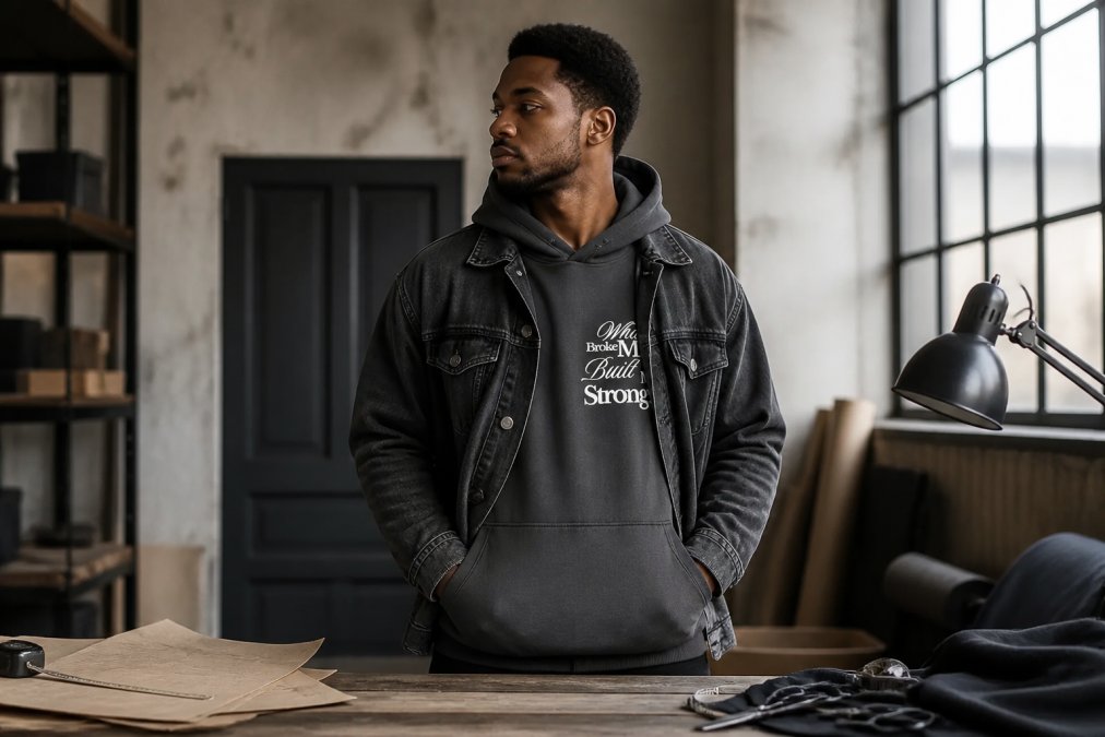 Person wearing a heavyweight hoodie layered under a tailored denim jacket, demonstrating clean lines and balanced silhouette with dropped shoulders visible and neutral charcoal tones