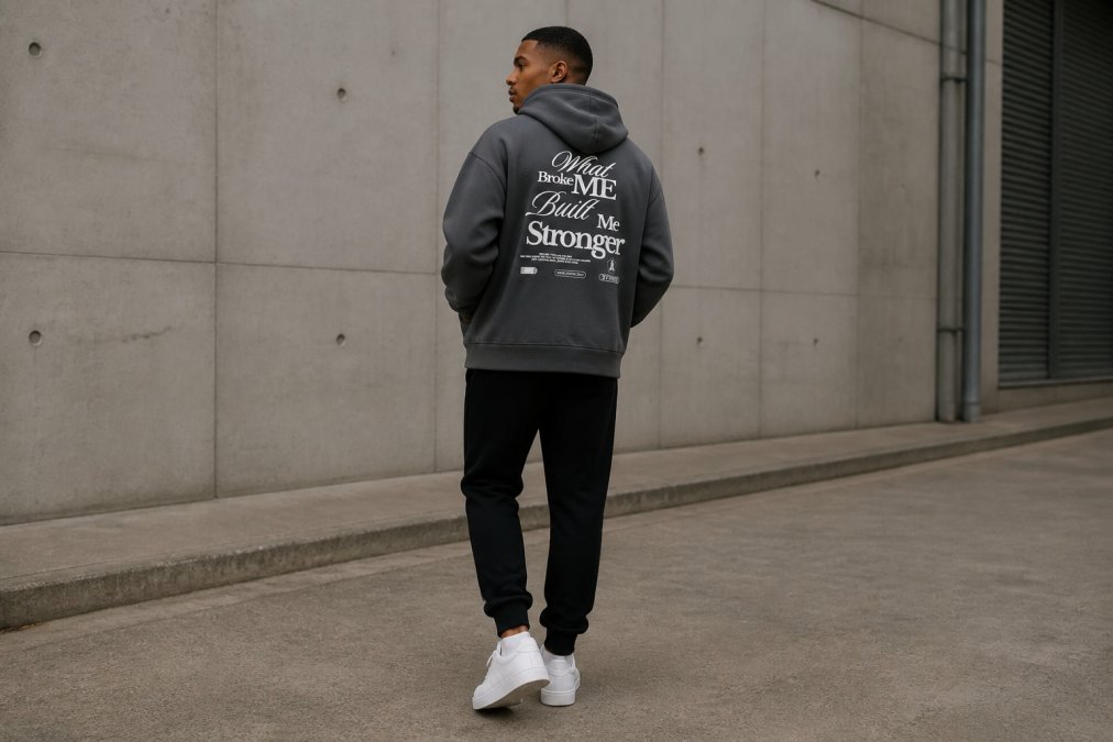 Model wearing an oversized heavyweight hoodie in slate, paired with fitted black joggers and white leather sneakers, demonstrating streetwear aesthetic with balanced proportions and clean lines