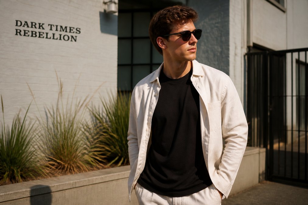 A man wearing an open shirt over a black heavyweight shirt for summer style.