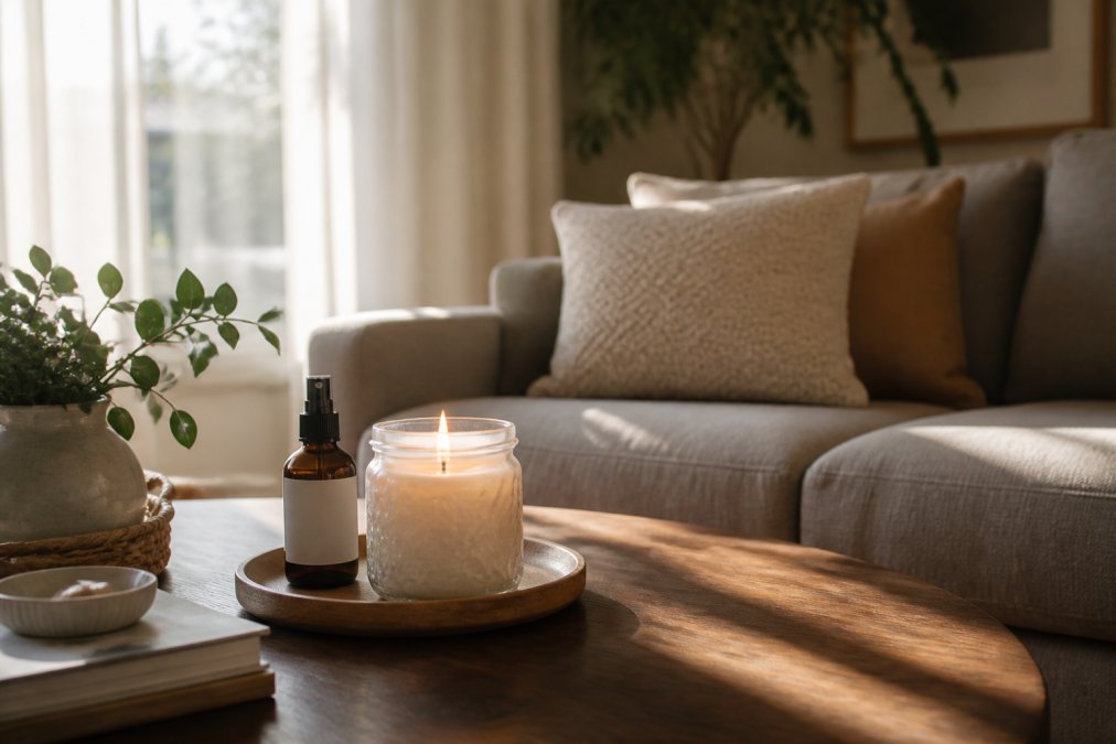 Diagram illustrating the step-by-step process of fragrance layering with a candle and room spray in a living room