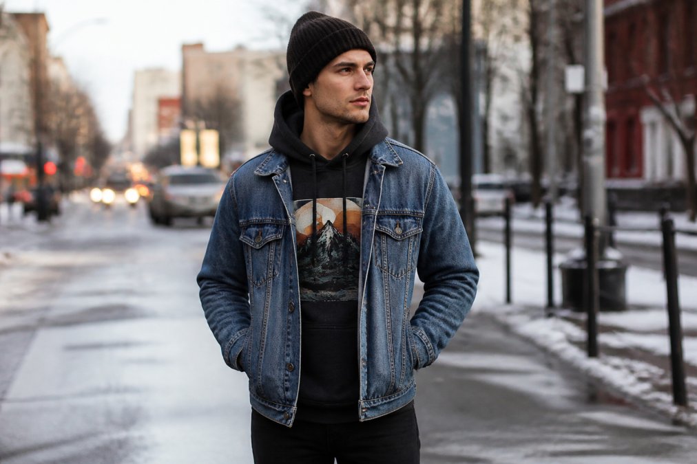 Person in a graphic hoodie and denim jacket during a cold day to layer hoodies for a casual street style look.