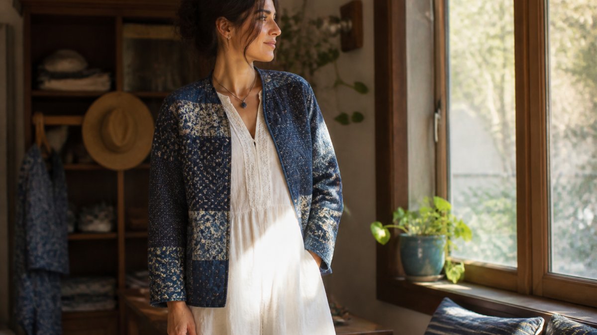 A woman wearing a flowing white cotton kaftan layered under a quilted indigo patchwork jacket, standing in a cozy room with warm natural light through a window