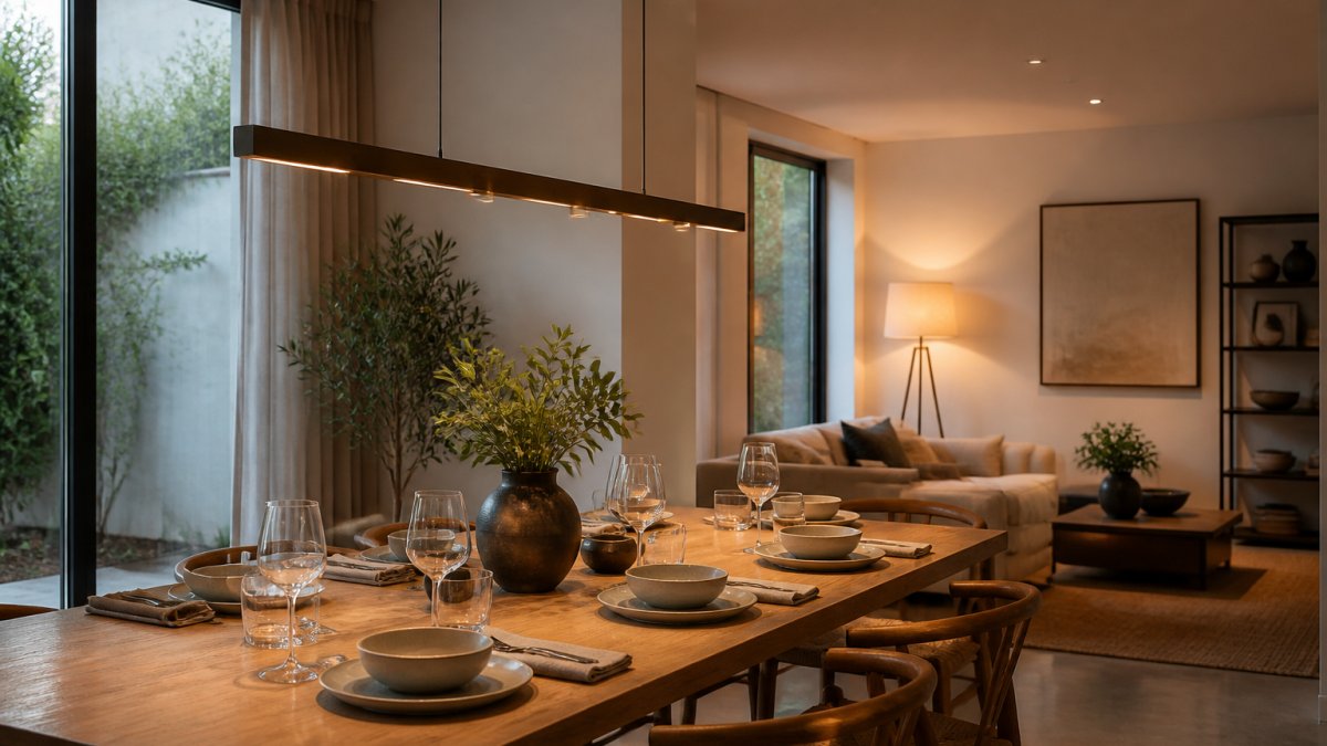 Diagram showing ideal height and spacing for pendant lighting over a dining table