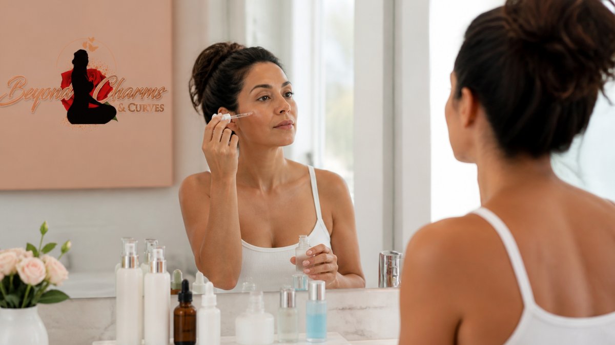 A woman in her 40s applying skincare serum to her face in a bright bathroom, with several product bottles arranged neatly on the counter beside her