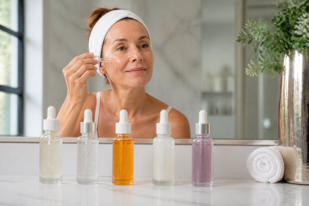 A woman in a bright bathroom applying serum to her face with several serum bottles lined up on the counter in order from thinnest to thickest consistency, soft morning light