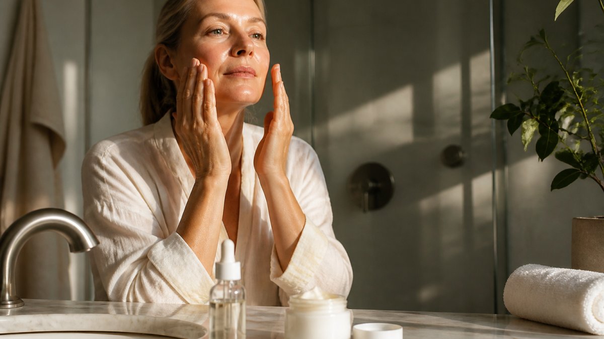 Woman's hands applying whipped tallow moisturiser to her face in morning light, with a niacinamide serum bottle and moisturiser jar on a marble bathroom counter