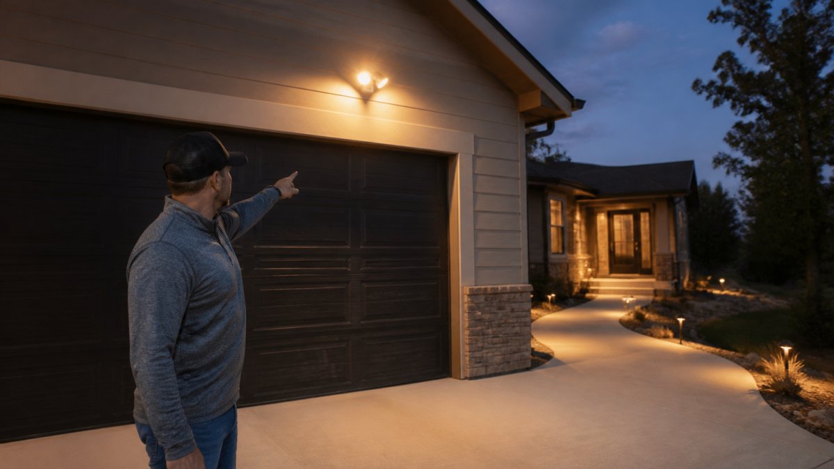Homeowner pointing at wall-mounted outdoor lighting above a garage door at dusk with a lit path leading to the entrance