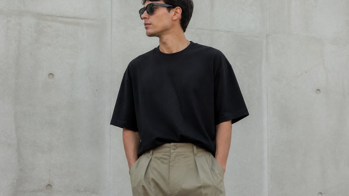 A young man wearing a black oversized heavyweight tee with a front tuck into wide pleated cargo pants, standing outdoors against a plain concrete wall, shot from the waist up in natural daylight