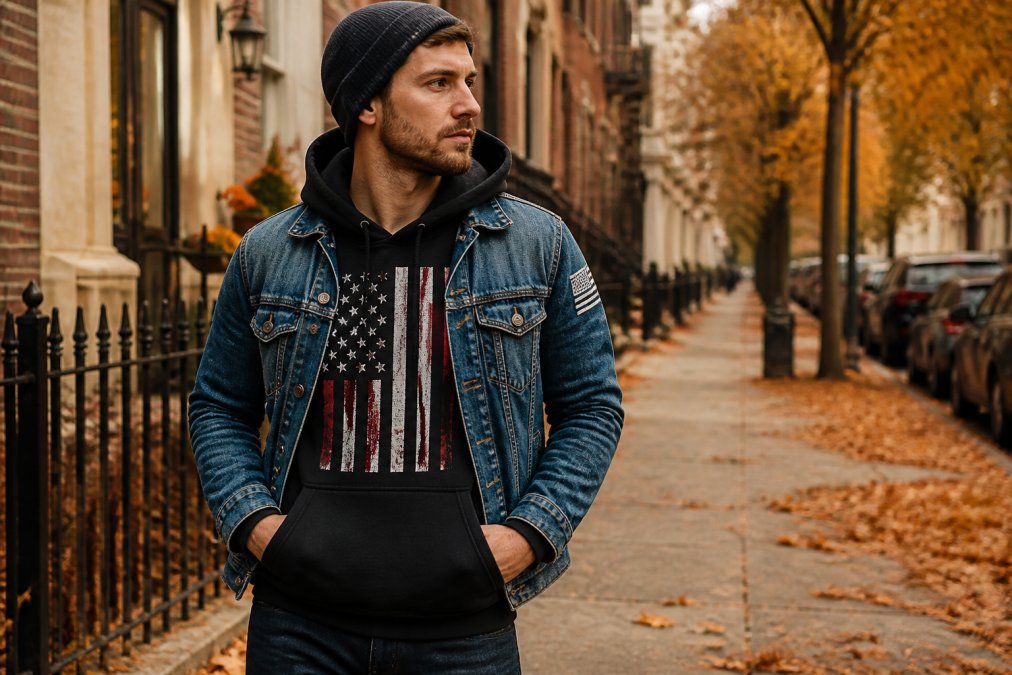 A person wearing a heavy blend graphic hoodie layered under a denim jacket, standing outdoors in autumn with fallen leaves, showing a stylish patriotic streetwear look