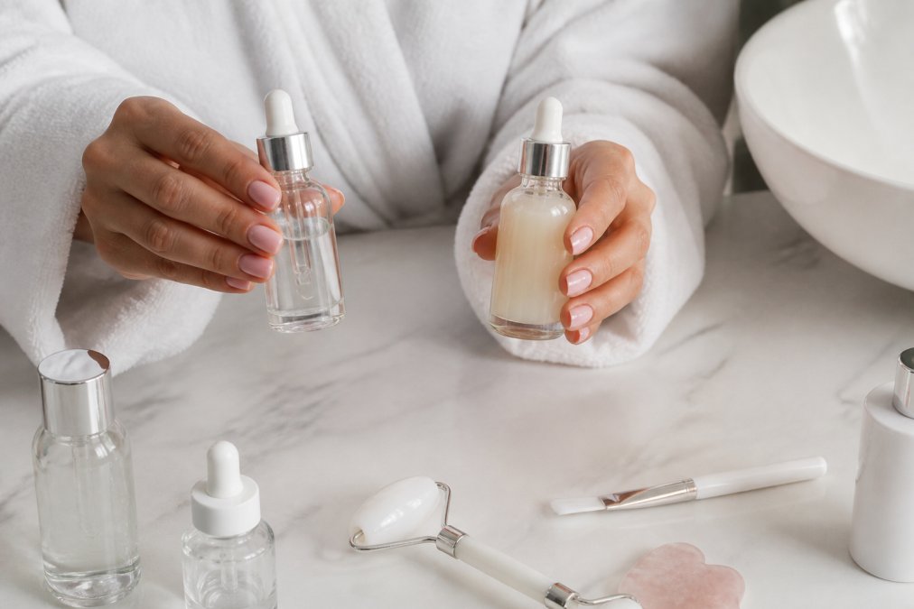 Close-up of a woman's hands holding two small serum bottles with different consistencies on a clean white bathroom countertop, one visibly more watery than the other
