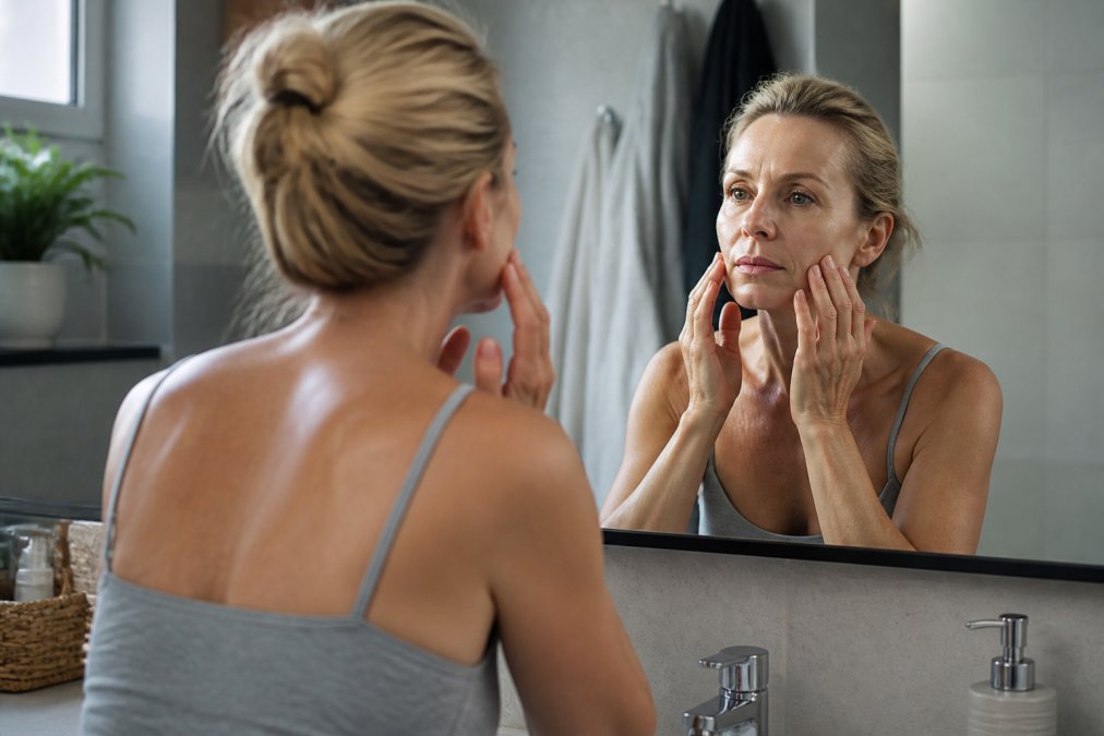 Woman in her 40s applying a facial serum with fingertips in front of a bathroom mirror, looking calm and focused, soft morning light