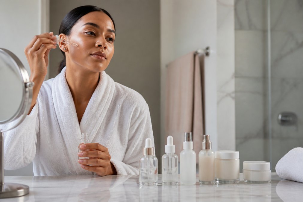 A young woman at a bathroom vanity applying a lightweight serum from a dropper bottle, with several skincare products arranged in order from thinnest to thickest beside her