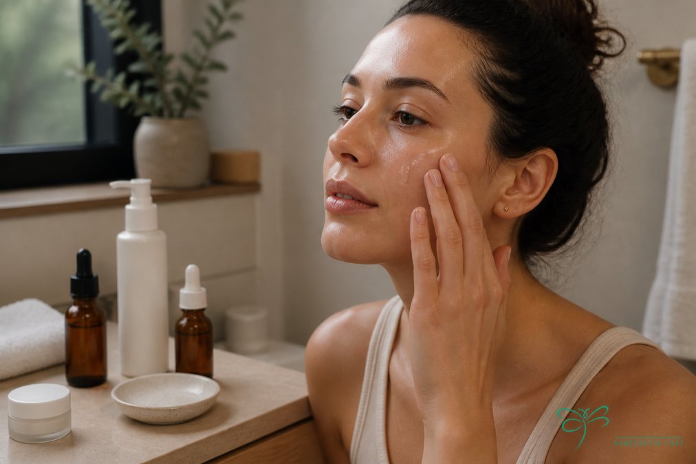 Close-up of a woman's hands pressing a drop of serum into her damp cheek in a softly lit bathroom, with unbranded skincare bottles and a small ceramic dish on the counter beside her