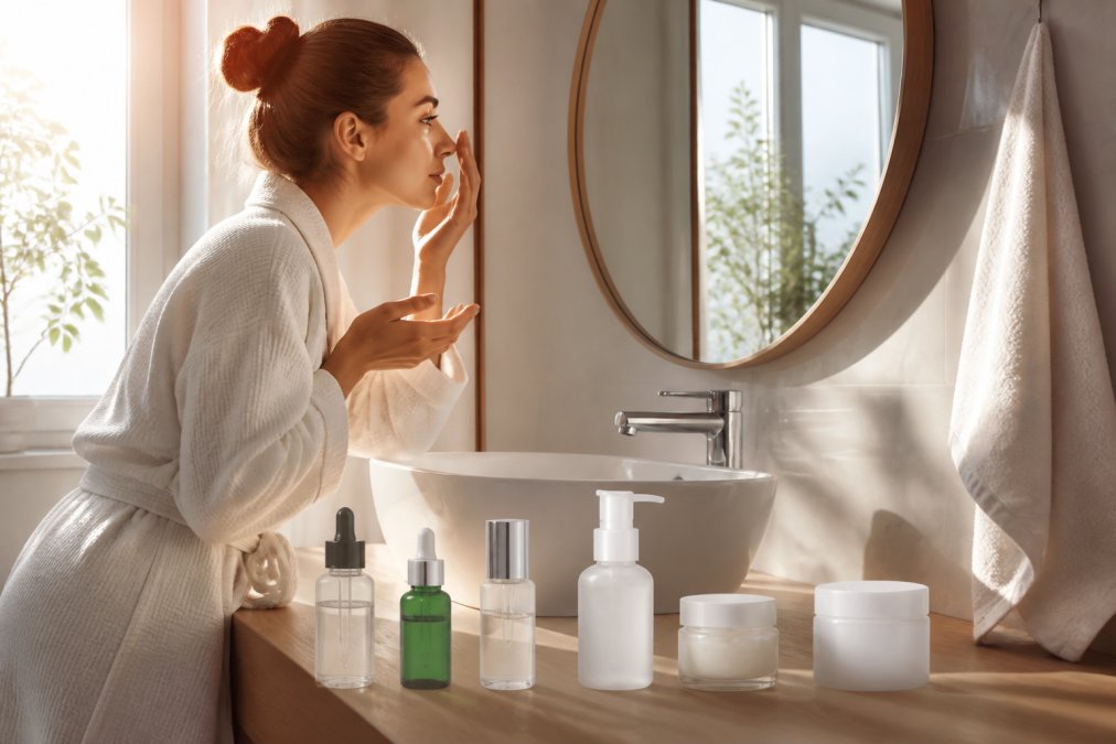 Woman applying layer skincare products in sequence at a sunny bathroom sink