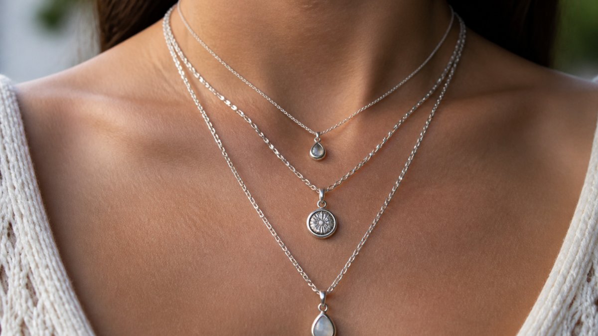 Close-up of three sterling silver necklaces layered on a person's neck showing proper spacing between chains, different pendant heights, and chain textures with natural lighting highlighting the polished silver