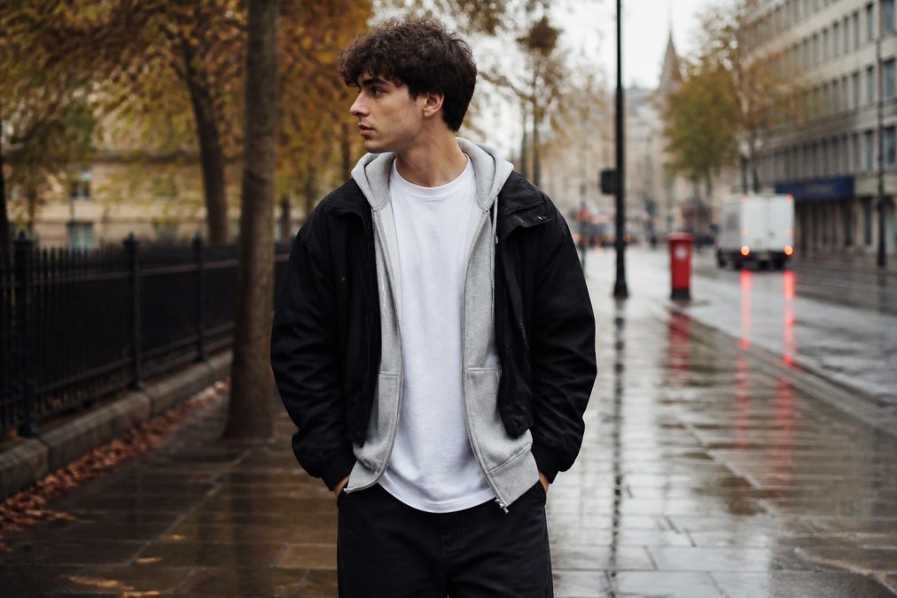 Young man demonstrating a layer streetwear look with a white tee, grey hoodie, and black jacket on a city street.