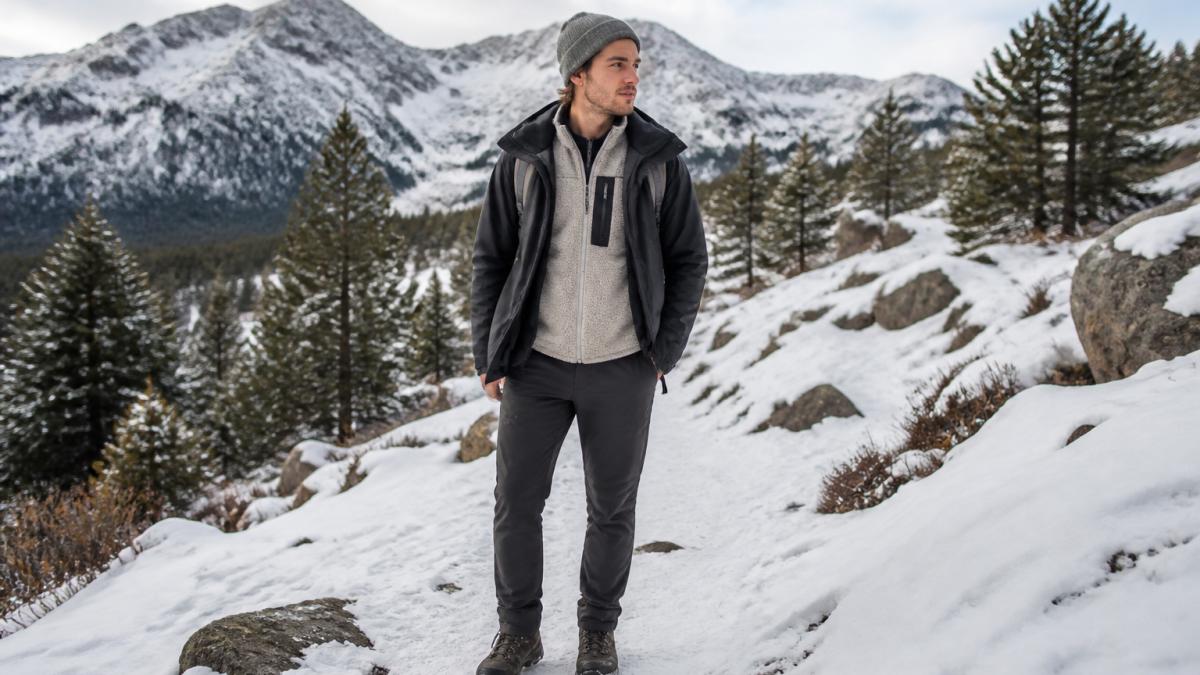 A young adult wearing a stylish layered winter hiking outfit standing on a snowy mountain trail, with a fleece mid layer visible under an open waterproof shell jacket, wearing trail pants and hiking boots