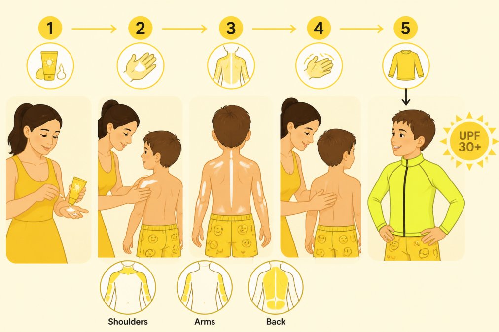 Parent carefully applying sunscreen to child's shoulders, arms, and back before putting on a bright neon rash guard, showing proper even coverage technique in natural outdoor lighting