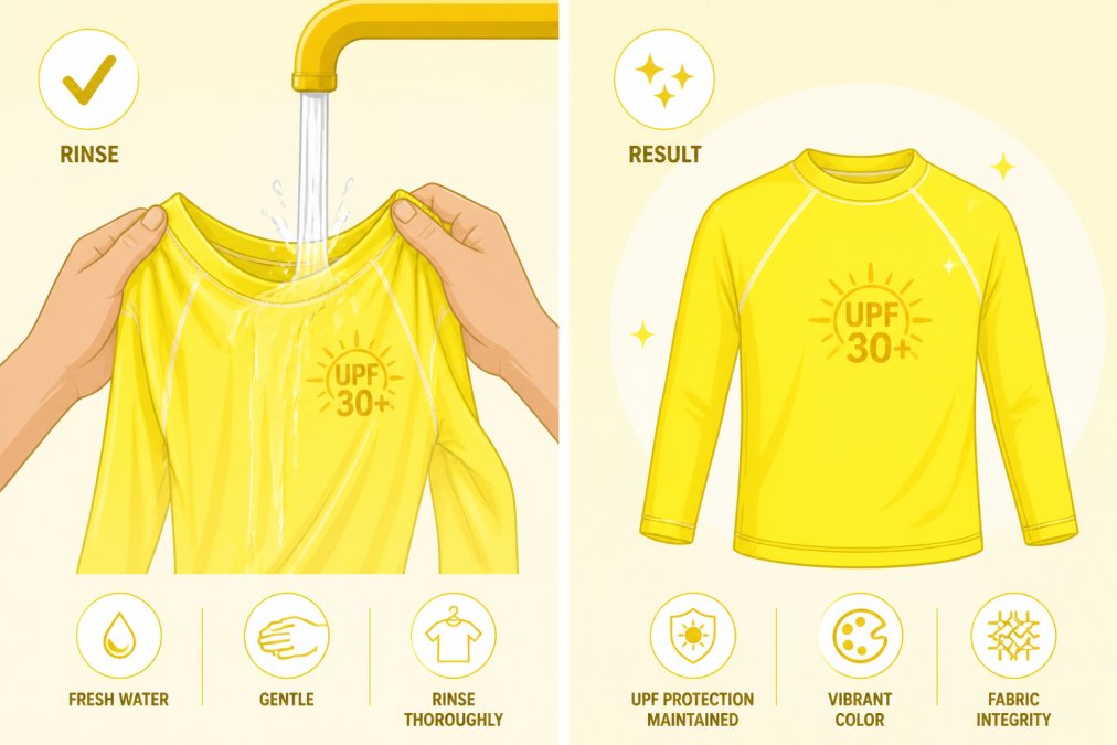 Close-up of hands rinsing a vibrant neon-colored UPF rash guard under fresh running water, showing proper technique to remove sunscreen and salt residue