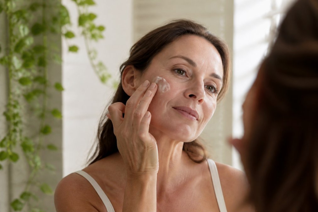 Woman in her 40s applying lightweight tallow moisturiser to her face in natural morning light, showing the texture and ease of application