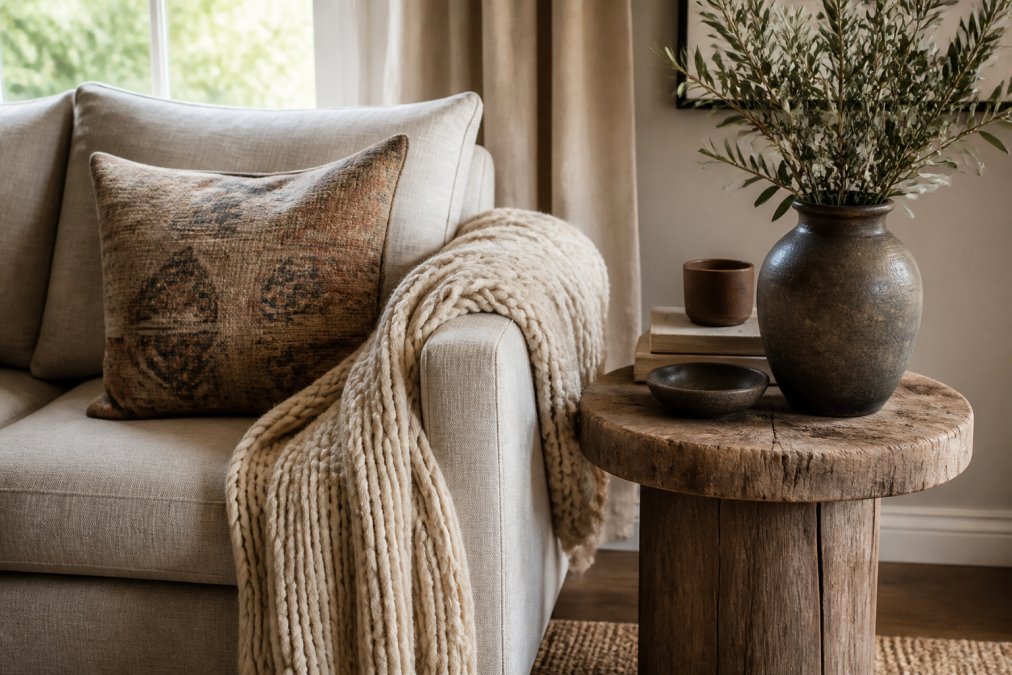 A styled living room corner with a neutral linen sofa, a chunky knit throw draped over the arm, a patterned accent pillow in muted tones, and a rough wooden side table, all lit by soft natural window light