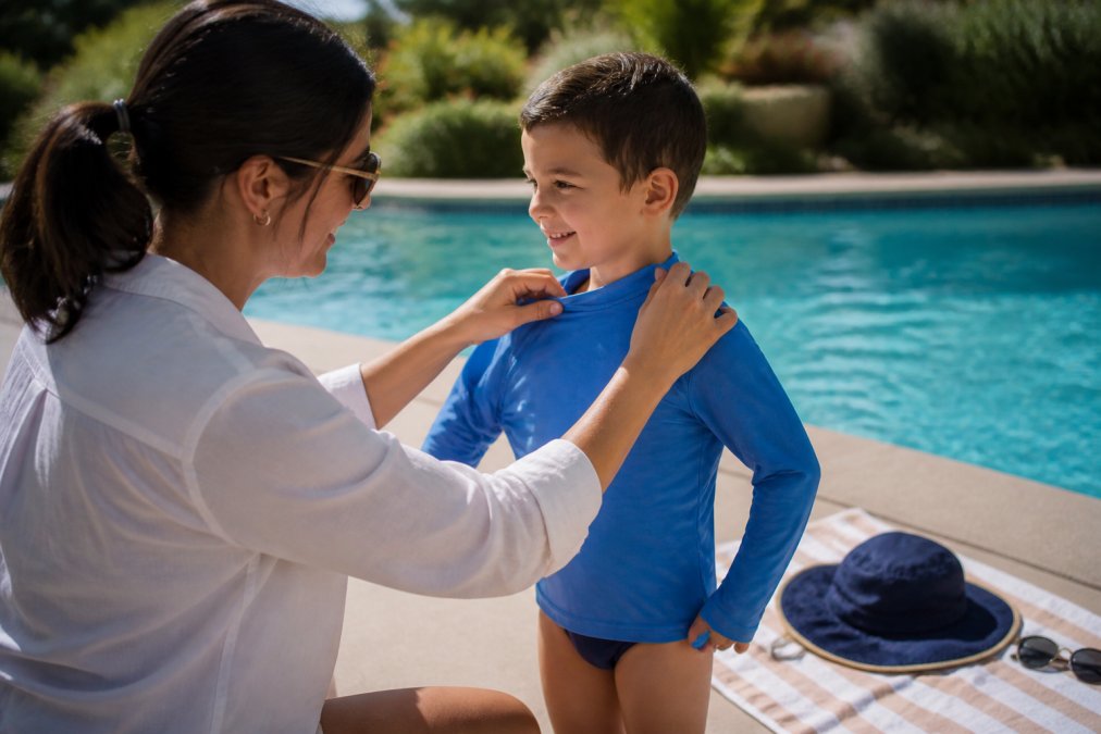 Parent helping a child put on a long-sleeve UPF clothing rash guard by a sunny poolside with accessories nearby