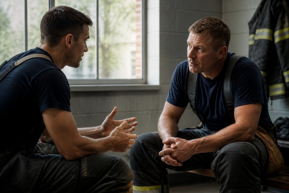 Captain and teammate in one-on-one conversation in quiet team facility, captain leaning forward with genuine attention, teammate speaking openly, soft natural light from nearby window
