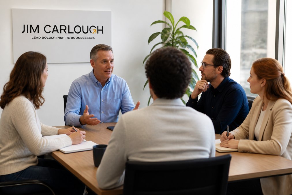 Senior leader facilitating a team meeting with direct reports, demonstrating active listening through open body language and engaged discussion in a modern conference room with natural lighting