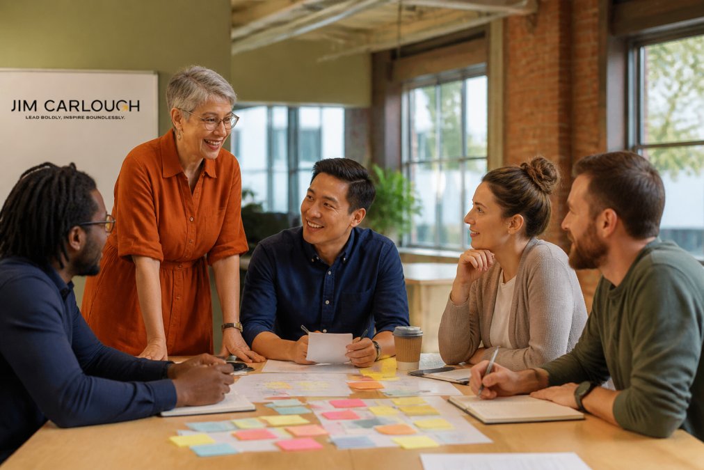 Diverse group of employees in a hybrid work setting, some in office and some on video call, collaborating around a shared project with visible engagement and open communication