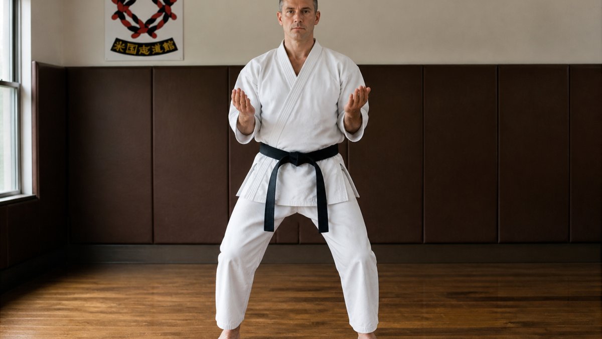 Student in a karate uniform demonstrating a defensive stance to learn practical self-defense in a traditional dojo.