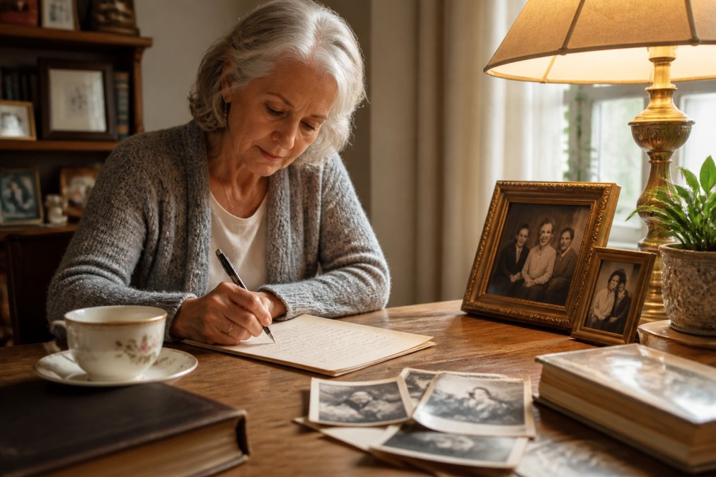 An older woman writing a handwritten letter at a wooden desk, with a warm lamp, family photographs, and a cup of tea nearby, creating a reflective and personal atmosphere