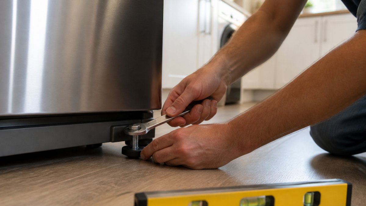 A close-up of a person's hands using a wrench to turn the adjustable leveling foot at the bottom front of a refrigerator, with a spirit level resting on the floor nearby in a bright kitchen