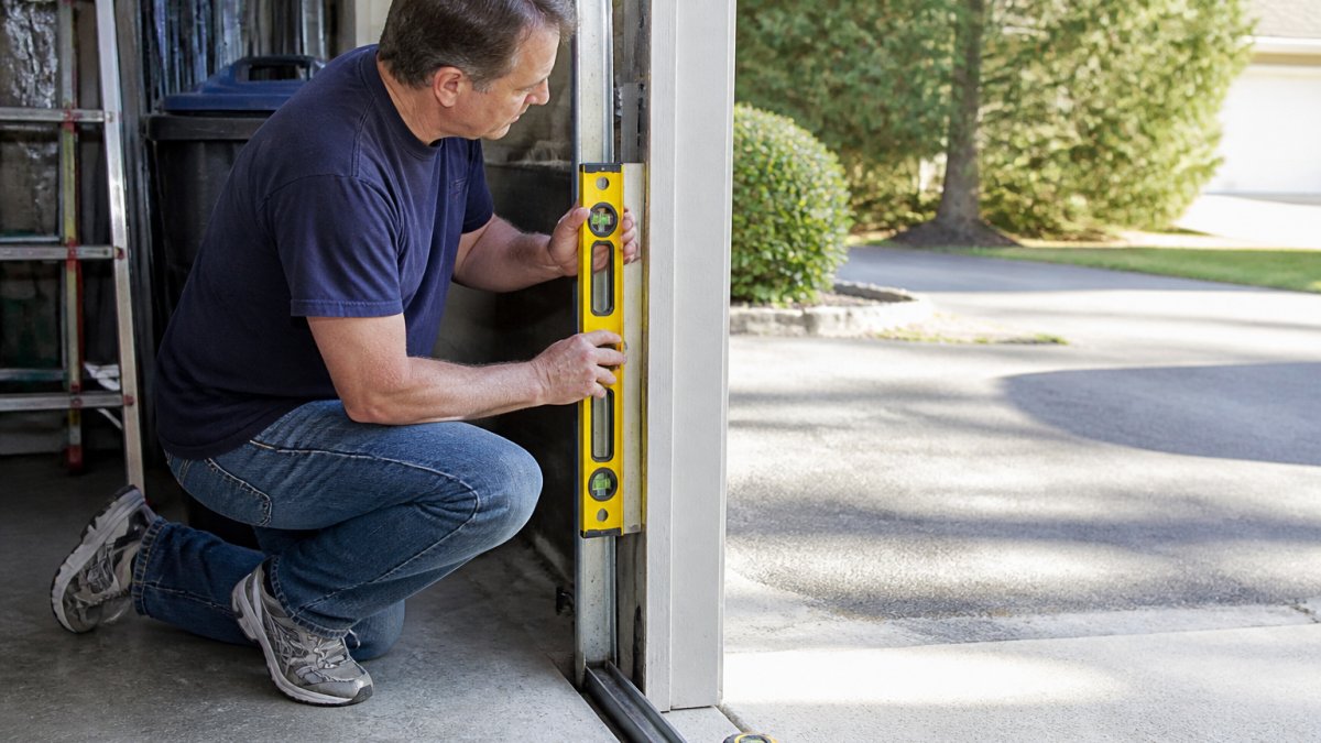 A homeowner in a garage doorway holding a two-foot spirit level against the vertical track of a sliding screen door frame, tape measure resting on the bottom track, afternoon light across the driveway