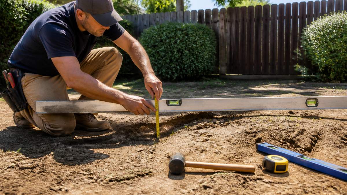 Homeowner using a spirit level and straight edge to level a sloped yard before pool installation