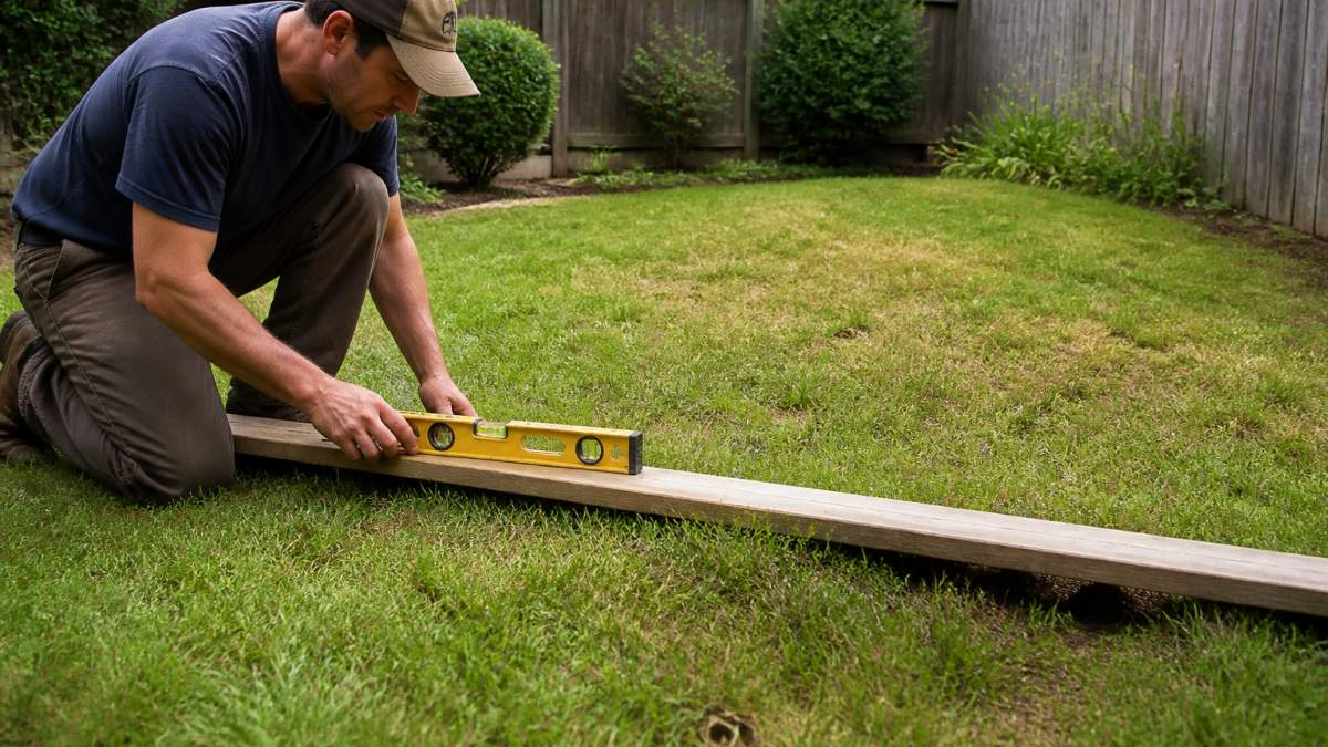Homeowner using a spirit level and board to assess uneven ground to level a small yard efficiently.