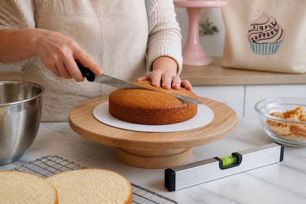 Close-up of a home baker's hands using a serrated knife to slice the domed top off a sponge cake layer on a wooden turntable, with a small spirit level resting on the cake board nearby