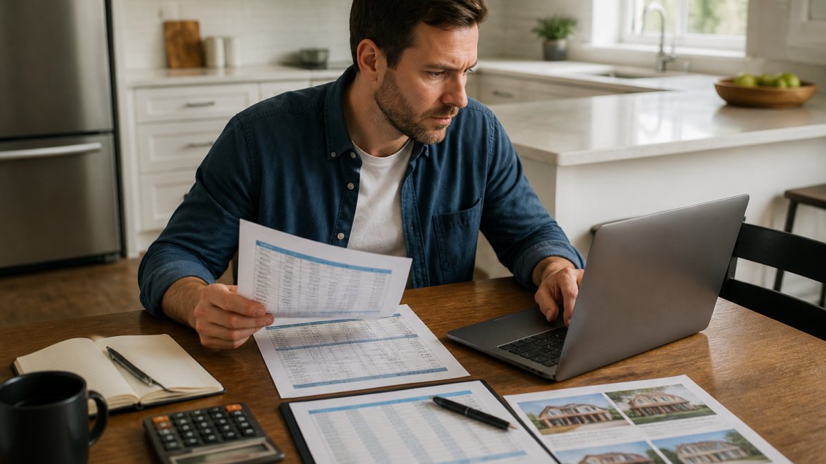 A real estate investor reviewing property comparable sales on a laptop and printed spreadsheets at a kitchen table, with a calculator and notebook nearby