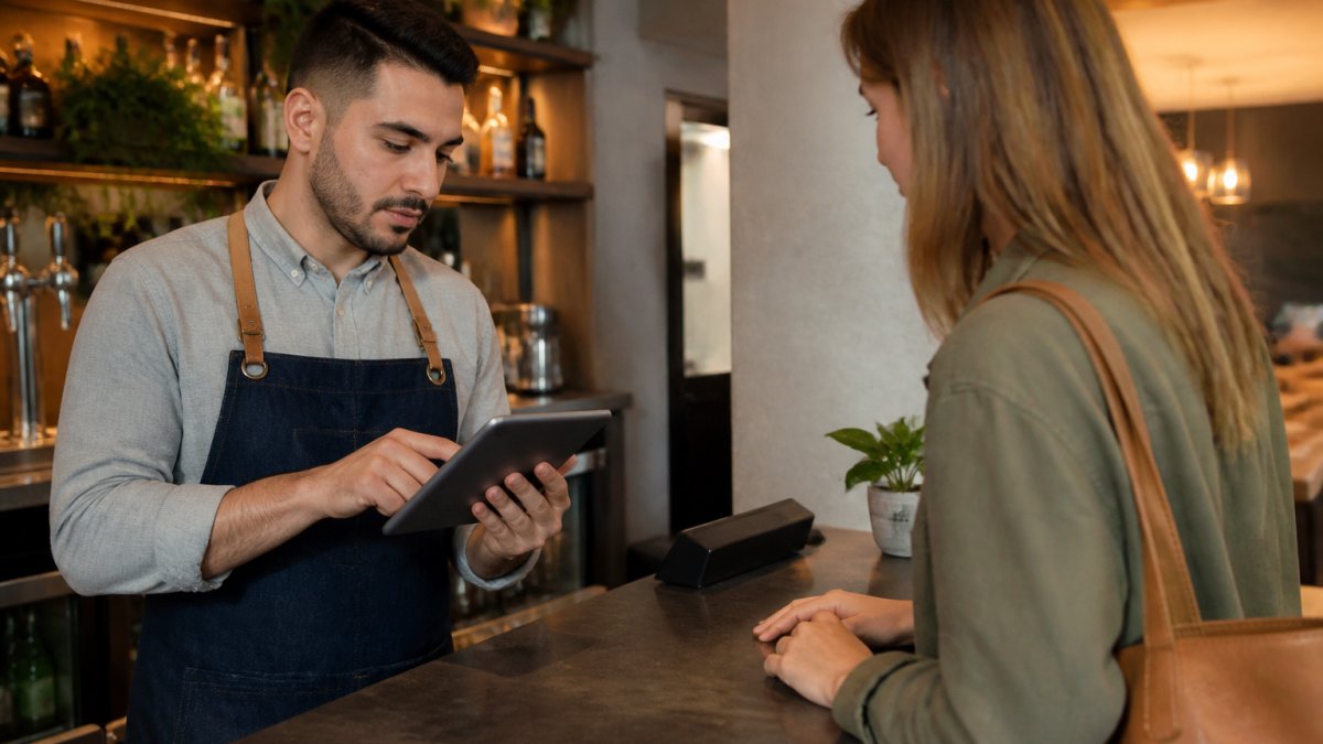 Restaurant staff member using a tablet at a counter to collect guest information for restaurant growth