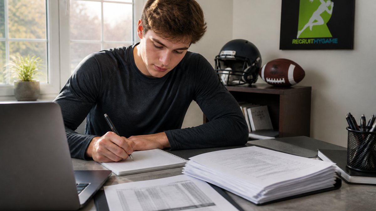 Student-athlete sitting at desk with laptop and notepad, analyzing college roster information and taking notes on graduation timelines in a home office with natural window lighting