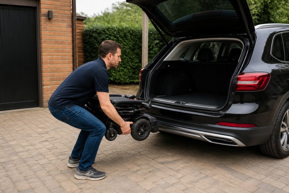 Person demonstrating proper lifting posture while bending at the knees with straight back, preparing to lift a lightweight powerchair toward an open car boot in natural daylight