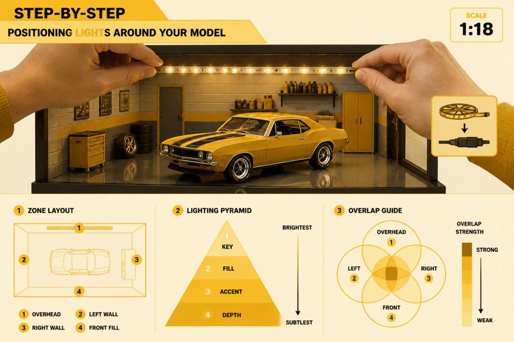 Hands adjusting an LED light strip inside a detailed 1:18 scale garage diorama with a muscle car model